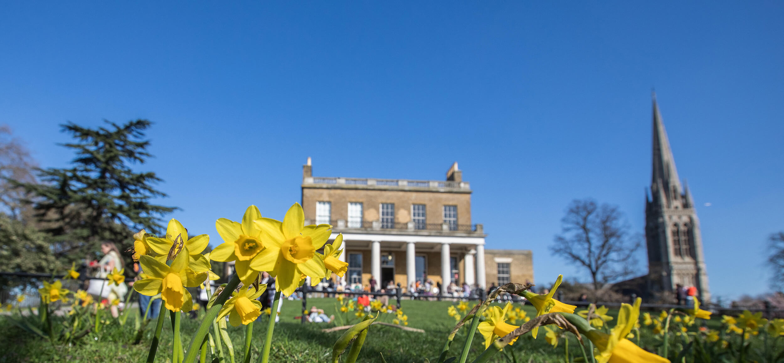 Photo of local landmark - Clissold House - with blue sky and daffodils